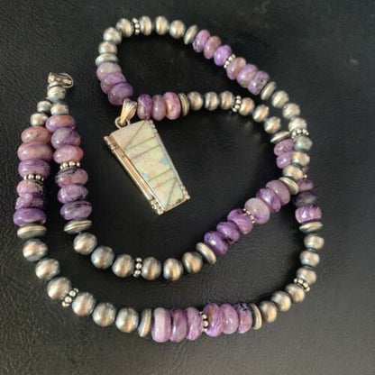 Navajo Purple Charoite White Opal inlay Pendant Necklace | Sterling Silver | Native American Handmade | 13435