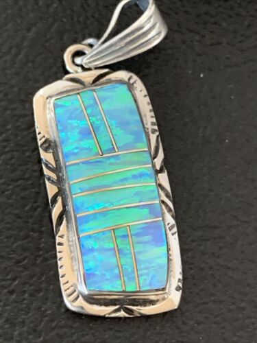 Authentic Native American Navajo Sterling Silver Pendant | Blue Faux Opal Inlay | 01480