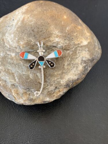 Zuni Turquoise Mother of Pearl Inlay Dragonfly Necklace Pin Pendant | Sterling Silver | 12327