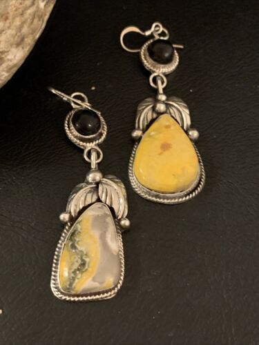 Native American Navajo Black Onyx Bumblebee Jasper Dangle Earrings | Sterling Silver | 2" | 1537