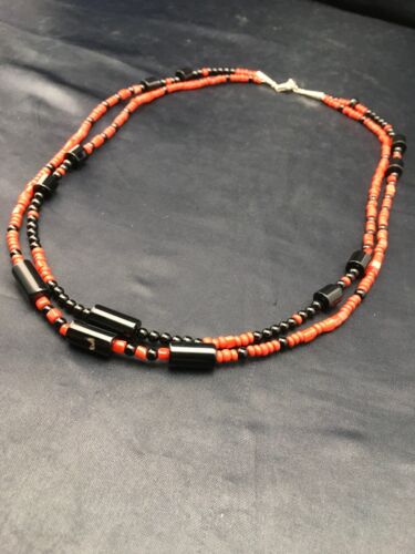 Southwestern Red Coral & Onyx 2-Strand Necklace | Navajo Sterling Silver | Authentic Native American Handmade | 4523