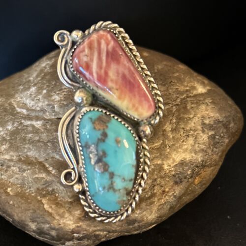 Navajo Turquoise Spiny Oyster Multi-Stone Ring | Authentic Native American Sterling Silver | Sz 10 | 14493