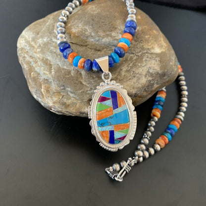 Navajo Spiny Oyster Turquoise Pendant Necklace | Sterling Silver | 21" | Authentic Native American Handmade | 11363 - Masha USA