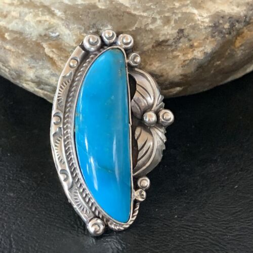 Navajo Blue Kingman Turquoise Ring | Sterling Silver Feather | Sz 9.5 | Authentic Native American Handmade | 10853