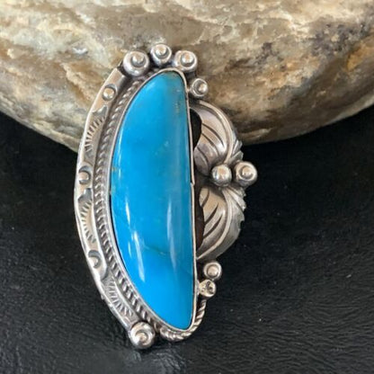 Navajo Blue Kingman Turquoise Ring | Sterling Silver Feather | Sz 9.5 | Authentic Native American Handmade | 10853