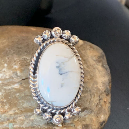 Navajo White Buffalo Turquoise Ring | Sterling Silver | Sz 7.5 | Authentic Native American Handmade | 13354
