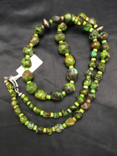 Navajo Green Nugget Graduated Turquoise Necklace | Sterling Silver | Authentic Native American | 24" | 8102