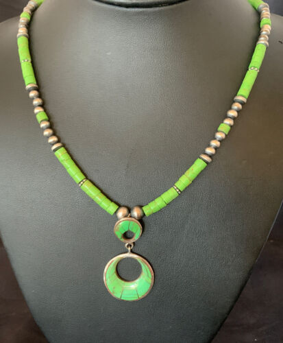 Navajo Green Gaspeite Turquoise Inlay Pendant | Sterling Silver | Authentic Native American Handmade | 12285