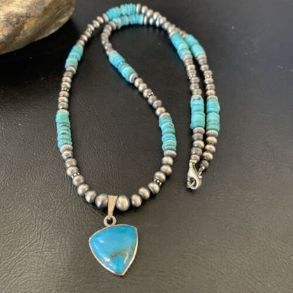 Navajo Pearl Necklace with Blue Kingman Turquoise Pendant | Sterling Silver | Authentic Native American Handmade | 12551