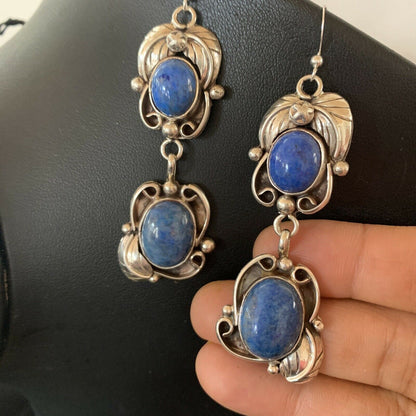 Native American Navajo Denim Lapis Dangle Earrings | Sterling Silver | 2" | 01680 - Masha USA