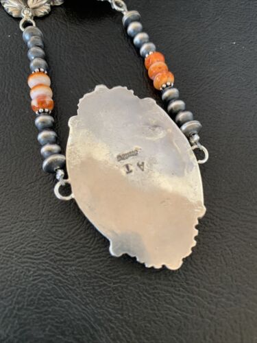 Navajo Pearls Orange Spiny Oyster Pendant Necklace | Sterling Silver | Authentic Native American Handmade | 10808