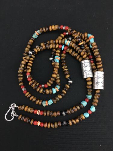 Navajo Multi-Color 3 Strand Necklace | Tiger's Eye & Turquoise | Sterling Silver | 4896