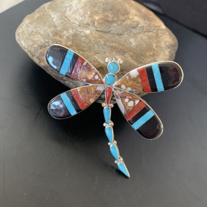 Zuni Wild Horse Turquoise Inlay Dragonfly Pin Pendant | Sterling Silver | 2077