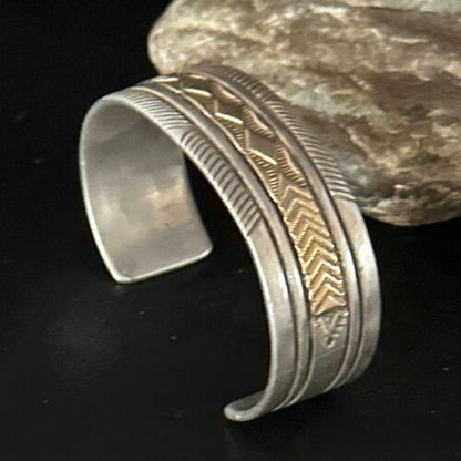 Men's Navajo Handmade Stamped Cuff Bracelet | Sterling Silver & 12K Gold | Authentic Native American | 14593