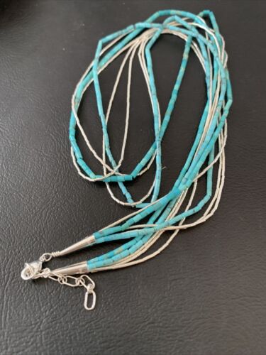 Navajo Turquoise Tube Beads | Liquid Silver Heishi | 5-Strand Sterling Silver Necklace 21" | 2178
