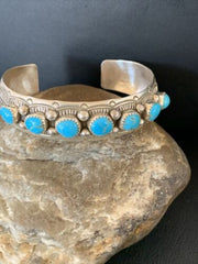 Navajo Kingman Turquoise Cuff Bracelet | Sterling Silver | Leaf Shape | 7 Stones | 12163