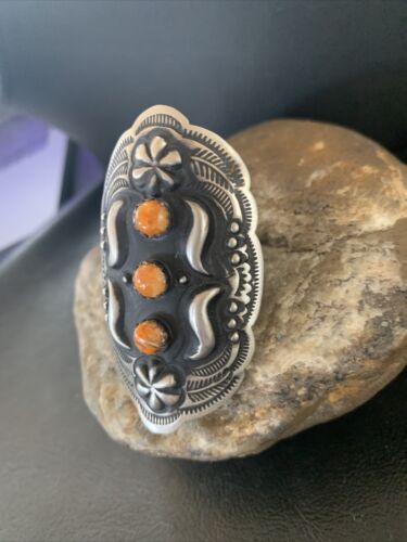 Navajo Orange Spiny Oyster Multi-Stone Ring | Authentic Native American Sterling Silver | Sz 10 Adj | 11658