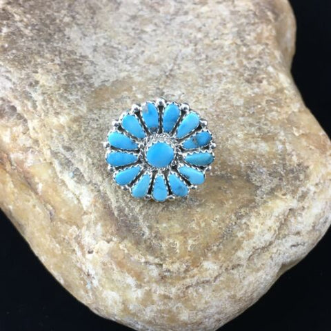 Navajo Blue Kingman Turquoise Cluster Ring | Authentic Native American Sterling Silver | Multi-Stone | Sz 7 | 10112