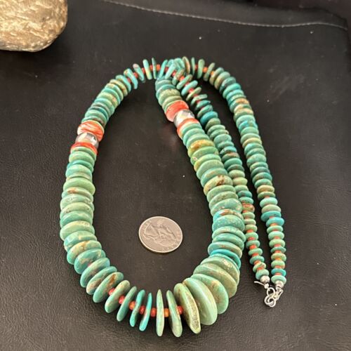 Navajo Turquoise & Red Spiny Oyster Necklace | Sterling Silver | Authentic Native American | 32" | 14360