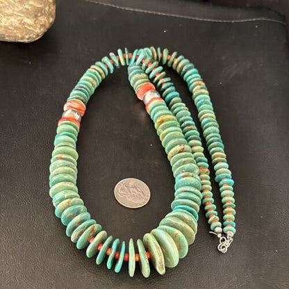 Navajo Turquoise & Red Spiny Oyster Necklace | Sterling Silver | Authentic Native American | 32" | 14376