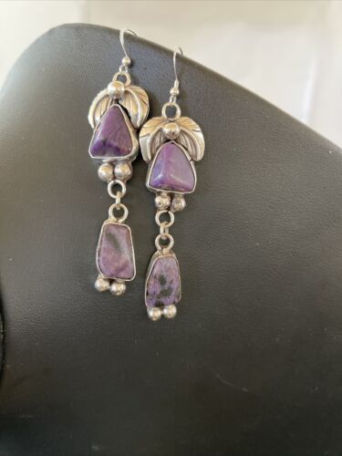 Navajo Purple Charoite Dangle Earrings | Sterling Silver | Authentic Native American Handmade | 1224