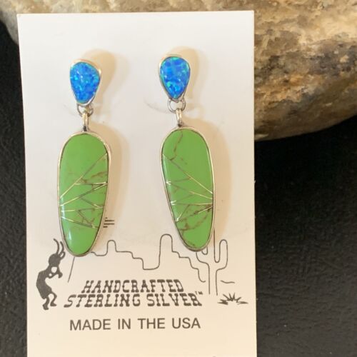 Navajo Green Gaspeite Opal Inlay Earrings | Sterling Silver | 1" | Authentic Native American Handmade | 12021