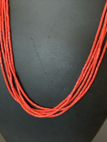Red Stabilized Coral Heishi Necklace | 5-Strands | Sterling Silver | 20" | Authentic Native American Handmade | 00761