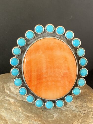 Navajo Blue Turquoise & Spiny Oyster Cluster Ring | Authentic Native American Sterling Silver | Multi-Stone | Sz 9-12 | 10628