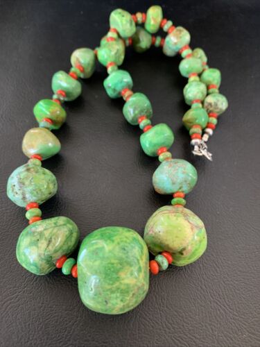 Southwestern Chunky Green Turquoise & Coral Necklace | Sterling Silver | Authentic Native American | 18" | 01843