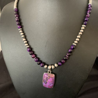 Navajo Pearl Purple Mojave Turquoise Onyx Pendant Necklace | Sterling Silver | Native American Handmade | 13401