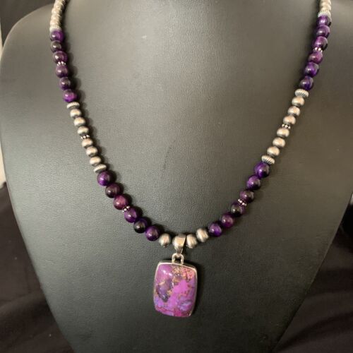 Navajo Pearl Purple Mojave Turquoise Onyx Pendant Necklace | Sterling Silver | Native American Handmade | 13401