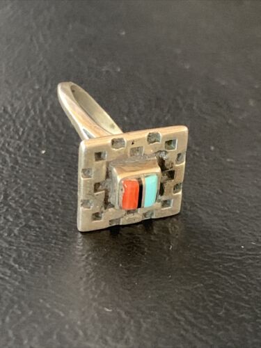 Native American Women's Navajo Blue Turquoise Coral Inlay Ring | Sz 8 | 13132