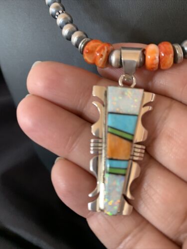 Navajo Turquoise Spiny Oyster Inlay Pendant | Sterling Silver | Authentic Native American Handmade | 11801