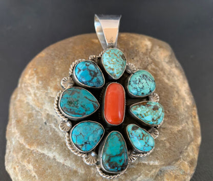 Navajo Cluster Coral Spiderweb Turquoise Pendant | Sterling Silver | Authentic Native American Handmade | 2227