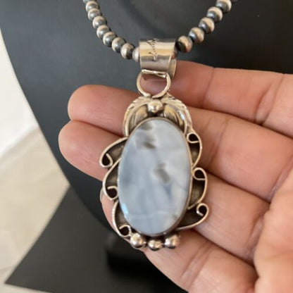 Navajo Blue Larimar Pendant Necklace | Sterling Silver Beads | Authentic Native American Handmade | 01212