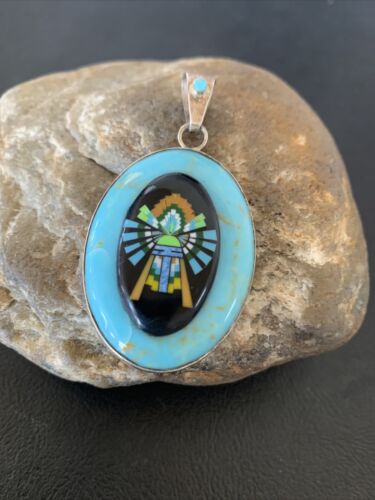 Zuni Multi-Stone Turquoise Pendant | Coral Onyx Inlay | Sterling Silver | Authentic Native American Handmade | 2029