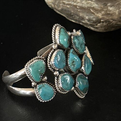 Men's Sterling Silver Cuff Bracelet | Blue Kingman Turquoise Cluster | Authentic Native American Handmade | 14596