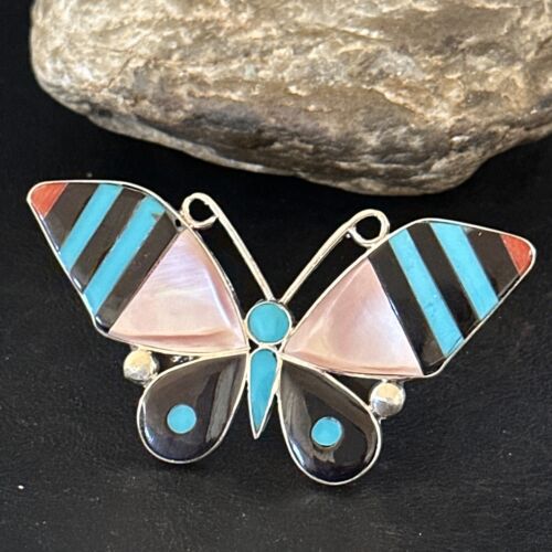 Zuni Butterfly Inlay Ring | Coral Turquoise Onyx Mother of Pearl | Sz 7 | Sterling Silver | 14437