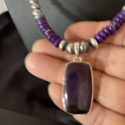 Navajo Pearls Necklace with Purple Sugilite Pendant | Sterling Silver | Authentic Native American Handmade | 11337