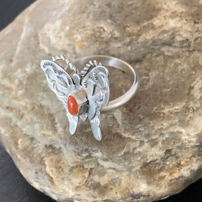 Navajo Red Spiny Oyster Butterfly Ring | Sterling Silver | Adj Sz 8 | Authentic Native American Handmade | 10342