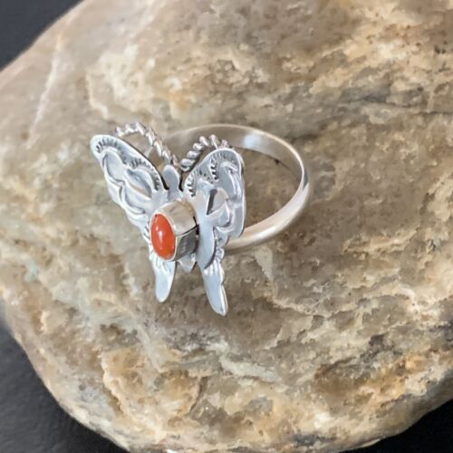 Navajo Red Spiny Oyster Butterfly Ring | Sterling Silver | Adj Sz 8 | Authentic Native American Handmade | 10342