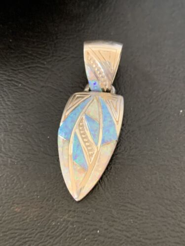 Navajo White Blue Opal Inlay Pendant | Sterling Silver | Authentic Native American Handmade | 12477