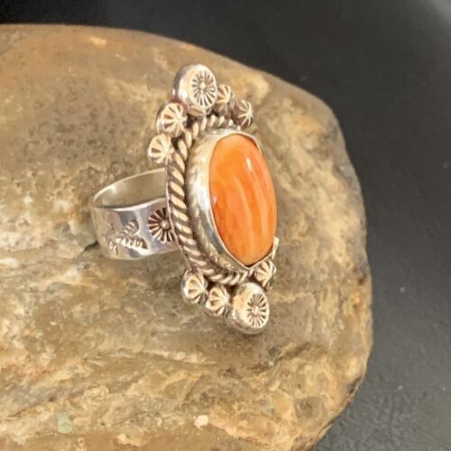 Navajo Orange Spiny Oyster Ring | Sterling Silver | Sz 7 | Authentic Native American Handmade | 13355