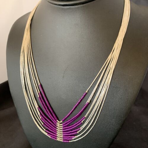 Sugilite Liquid Silver Heishi Necklace | 10 Strand | Sterling Tubes Pendant | 12299