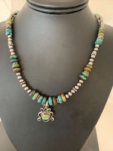 Men's Spiderweb Turquoise Pendant | Navajo Pearls Sterling Silver Necklace | Authentic Native American Handmade | 1017