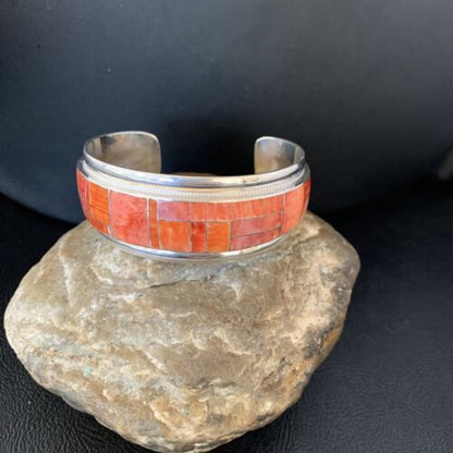 Navajo Red Spiny Oyster Cuff Inlay Bracelet | Sterling Silver | Authentic Native American Handmade | 13659