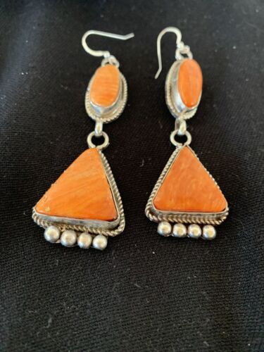 Navajo Orange Spiny Oyster Dangle Earrings | Sterling Silver | Authentic Native American Handmade | 199