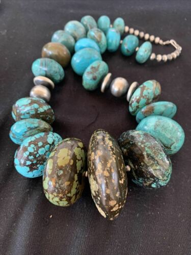 Men's Navajo Pearl Sterling Silver & Natural Blue Turquoise Graduated Necklace | Authentic Native American | 21"