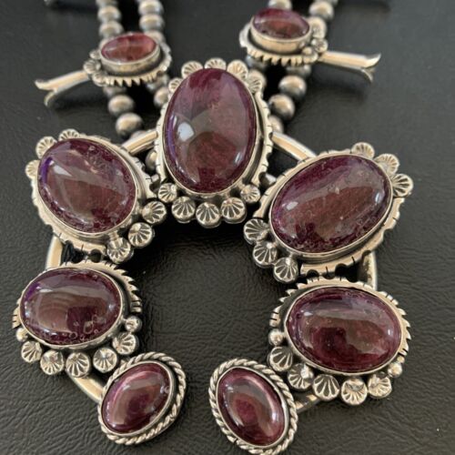 Navajo Purple Squash Blossom Naja Necklace Pendant | Sterling Silver Spiny | Authentic Native American Handmade | 12181