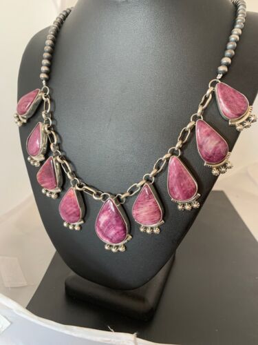 Navajo Purple Spiny Oyster Pendant Necklace Set | Authentic Native American Sterling Silver | Handmade | 4555